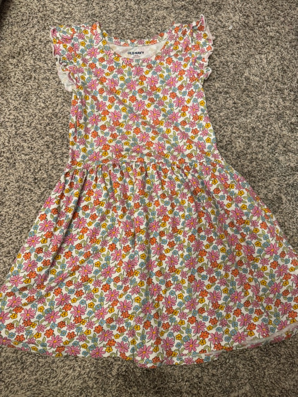 Old Navy White Dress with Pink, Orange & Green Floral Pattern